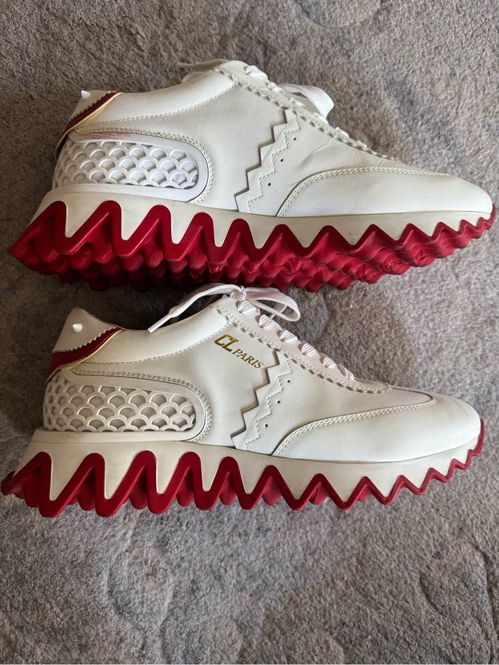 Christian Louboutin White Leather Zigzag Sole Sneakers with Red Accents - Picture 2 of 5